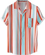 [Generic] Short Sleeve Tee Male Summer Hawaii Striped Print Cuban Collar Shirt Short Sleeve Button Shirt Blouse Short Sleeve Men