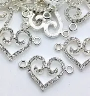 12 pieces - Silver Tone Crystal Rhinestone HEART Charms Connector Pendants