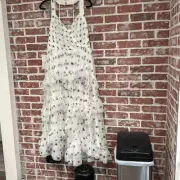 NWT BCBGMaxAzria White Black Polka Dot Halter Ruffle Gown Size 12 Womens