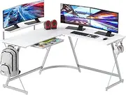 SHW Gaming L-Shaped Computer Desk with Monitor Stand, White