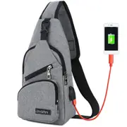 Fashion Canvas Bag Sport Chest Pack USB Charging Crossbody Shoulder Bag GREY COLOR