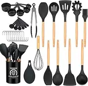 Silicone Cooking Utensils Set, 34 Pcs Wooden Handles Heat Resistant Kitchen Utensils Set, Kitchen Tools Set Include Turner Tongs Spatula Spoon Utensil Holder Kitchen Gadgets (Black Gray)