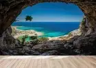 3D Stone Cave Blue Sea Tree Self-adhesive Removeable Wallpaper Wall Mural 58