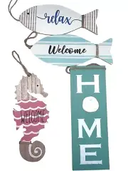 Summer Beach Home Decor Seahorse Seashells Fish Welcome Nautical Blue Pink