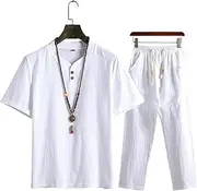 [Generic] Men Casual Tracksuit Solid Color Homewear Chinoiserie Summer Two Piece Short Sleeve T Shirt Drawstring Pants Set Men Clothing Suit