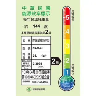 『怡心牌熱水器』ES-626H ES-經典系列(機械型) 橫掛式電熱水器 25.3公升 220V 原廠公司貨