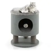 3-in-1 Cat Condo Stool Kitty Bed with Scratching Posts and Plush Ball Toy-Gray -