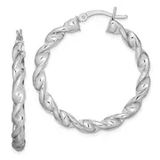 Sterling Silver Rhodium Plated Twisted 3.5X35mm Hoop Earrings