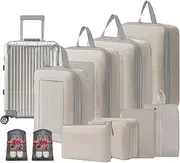 [Top G] 10 Set Lightweight Compression Packing Cubes Travel Organizer for Carry-On Luggage Suitcase Backpack, Space-Saving Luggage Organizer Bags with Extra Shoe Bags, Beige