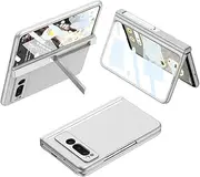 Jarttarn Leather Case Compatible with Google Pixel Fold Cover Film All-in-One Phone Case with Stand Slim Folding Frosted Protective Case with Screen Protector for Pixel Fold Shell (Silver)