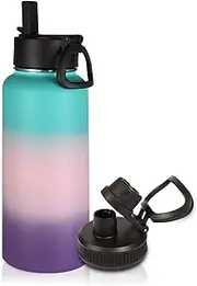 [Volhoply] 32 oz Water Bottle with Straw Lid & Spout Lid,Insulated Sports Water Bottle,Double Wall Vacuum Stainless Steel Thermos,Leakproof Wide Mouth Metal Flask,Keeps Cold or Hot(Gradient Color,1)