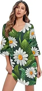 [RPLIFE] White Daisy Flowers Green Leaves Chiffon V Neck Dress Printed Line Maternity Dress S-XXL