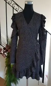 Seed Size 8 Black Polka Dot Long Sleeve Cold Shoulder Ruffle Wrap Casual Dress