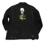 Disney HAUNTED MANSION Foolish Mortal Black Denim Jean Skeleton Jacket XS O2