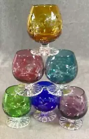 6 CAESAR BOHEMIAE BRANDY SNIFTER GRAPE DESIGN CUT TO CLEAR CRYSTAL BOHEMIAN NIB