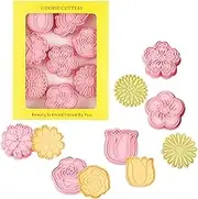 8PCS Flower Cookie Cutters with Plunger Stamps Set, Tulip Rose Daisy Cookie Plunger Stamps DIY Press Molds Birthday Party Baking Supplies Clay Biscuit Molds