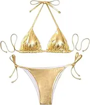 [Falainetee] Women's Metallic Shiny Bathing Suit High Waisted Triangle Tie Side Swimsuit Bikini Set