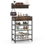 Costway5-Tier Shoe Rack with Wall-Mounted Coat Rack and Hooks-Rustic Brown