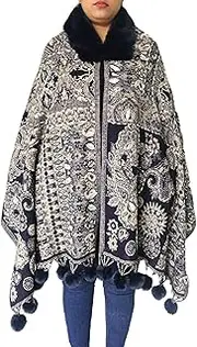 [Generic] Casual Paisley Print Wool Poncho with Faux Fur Trim, Black and Beige, Pom Pom Detail Luxury Women Pullover, Black / Beige, One Size