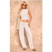 Cream Textured Straight Leg Pants, Cream