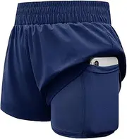 [Haloumoning] Girls Athletic Shorts High Waist Elastic 2 in 1 Running Shorts with Side Pockets 5-14 Years