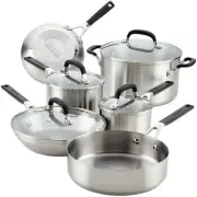 KitchenAid 10 Pc Brushed Stainless Steel Cookware Set Saute Fry Pan Stock Pot