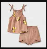 NEW NWT Baby Girls Sz 0-3 Months Brown Gauze Shirt & Shorts 2 Pc Set GRAYSON