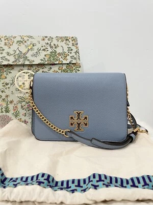 NWT AUTH Tory Burch Britten Combo Crossbody Shoulder Clutch Bag Blue Cloud $425