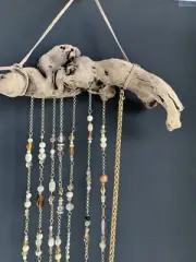 Sun Catcher Driftwood Brown Beaded Gold Chain Glass Beads Wind Chime Decor