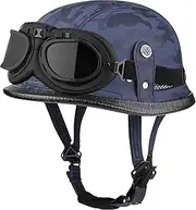 Leather Open Motorcycle Half Shell Helmet Retro Motorcycle Half Helmet DOT/ECE Approved Fit Men Ladies Cruiser Chopper Pilot Scooter Jet Helmet with Black Frame Mirror