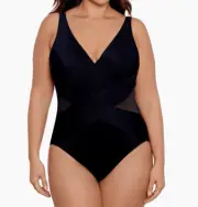 Miraclesuit Swimsuit Sz 14 Black One Piece Tummy Control Crossover Soft Cup NEW