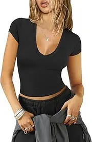 [Hragc] Women's Sexy V Neck Cap Short Sleeve Top Shirts Fitted Basic Stretchy Tee Y2K Crop Going Out Casual T Shirt for Women