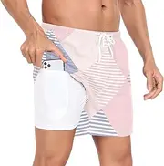 [GuoChe] Swimming Shorts for Men Men's 2 Layer Running Shorts Buffalo Plaid Blue Pink with Compression Liner Training Shorts