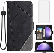 [Asuwish] Mobile Phone Case for Samsung Galaxy S23 FE 5G Case with Glass Film Screen Protector and Card Slot Foldable Leather Wallet Stand S 23 23S S23FE Mobile Phone Cases Protective Phone Case Black