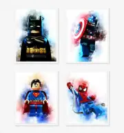 4 x A4 Nursery/Baby/Kids Superhero Lego Splatter Watercolour Wall Prints