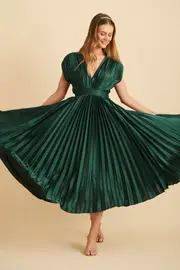 Women's Cocktail Anetta Midi Dress Cap Sleeve in Green Pleated Emerald Satin 8