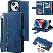 [UEEBAI] Wallet Case for iPhone 13, Retro 9 Card Holder Slots Zipper Pocket Handbag Case PU Leather Magnetic Closure Kickstand with Wrist Strap TPU Shockproof Flip Case - Blue