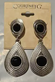 Courtney G. Stud Back Earrings Teardrop Dangles W Black Gemstones Carved Silver