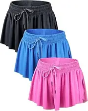 [Didaey] 3 Pcs 2 in 1 Butterfly Shorts Flowy Athletic Shorts for Women with Pockets Shorts with Spandex Liner Underneath