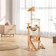 Petzly 150CM Modern Cat Tree Tower, Sturdy Wooden Structure for Large Cats, Heavy-Duty Cat Furniture with Sisal Scratching Post, Ladder, and Clear Bowl, Multi-Level Indoor Cat Activity Tower
