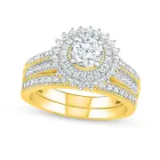 1.0 CT. T.W. Natural Diamond Sunburst Frame Antique Vintage-Style Bridal Engagement Ring Set in Solid 10K Yellow Gold