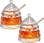 Hacaroa 2 Pack 10 Oz Glass Honey Pot with Lid and Wooden Dipper, Clear Honey Jar Beehive Honey Dish Dispenser Container for Jam Jelly, Home Kitchen, Wedding Gifts, Candlesticks, Barware