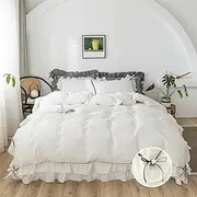 SOUKACH Ruffled Bedding Bow Duvet Cover Set with Butterfly Tie Soft Brushed Microfiber Shabby Chic Bedding Set with Zipper Closure