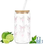 YYTECH 16 oz Bow Glass with Lid and Straw, Drinking Cup with Lid and Straw, Elegant Tumbler with Bow Design, Iced Coffee Glass in Can Shape, Versatile for Coffee, Cocktails and More