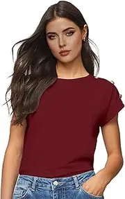 [GRECERELLE] Women's Crew Neck T-Shirt Short Sleeve Summer Elegant Tops Casual Tee Shirts with Shoulder Buttons, Wine red, M
