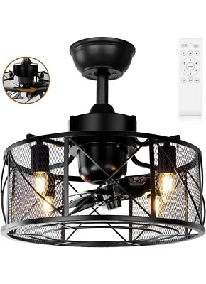 18' Black Caged Ceiling Fan with Lights Remote Control