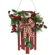 Illuminated Red Holiday Wooden Sleigh Hanging Wall Accent