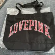 PINK Victoria's Secret Pink White Black LOVE PINK Tote Bag Zip Large