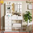Furniture Dressing Table Makeup Desk Dresser With LED Mirror 6 Drawers&Stool