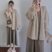 Maternity Plain Oversized Open Front Cardigan / Spaghetti Strap Midi Smock Dress Dress - Light Coffee - XL
